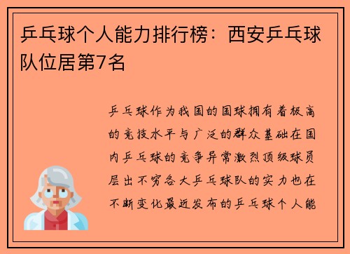 乒乓球个人能力排行榜：西安乒乓球队位居第7名